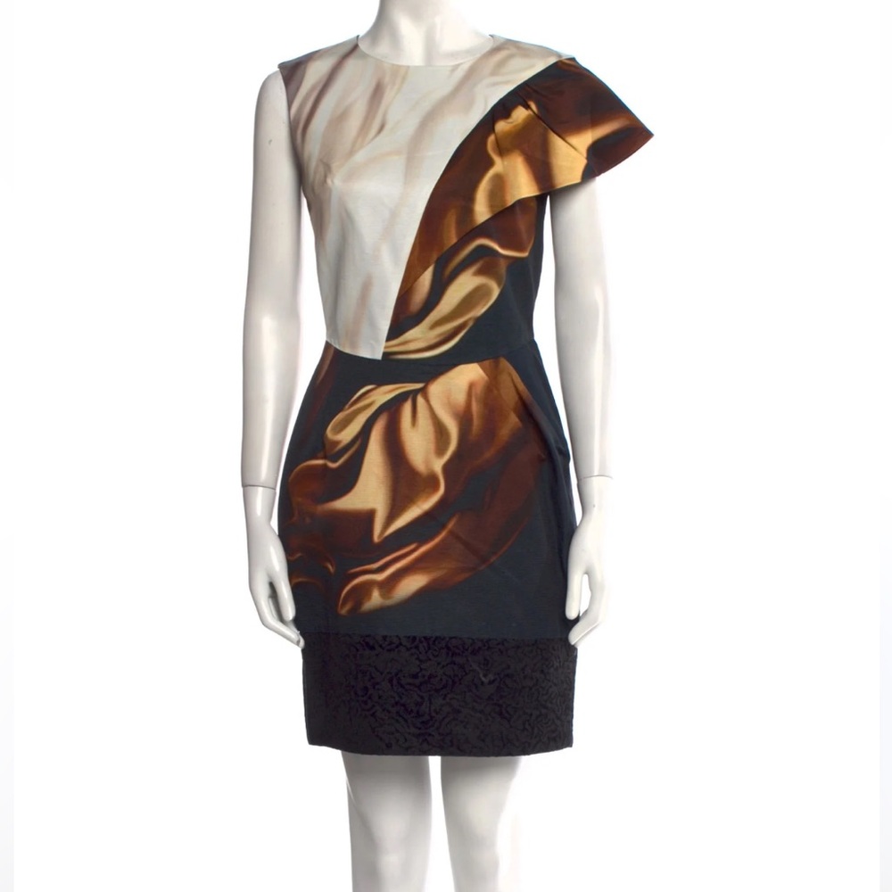 MARY KATRANTZOU The One Shouldered Trompe-l'œil Mixed Media Sheath Dress SZ: 12